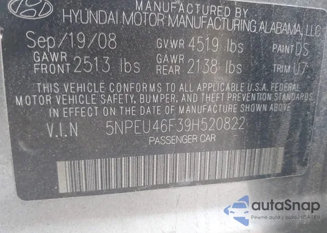 2009 Hyundai Sonata Se V6 из США, поврежденный, VIN 5NPEU46F39H520822